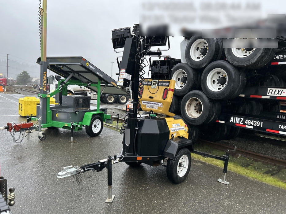 Allmand NLV3GR (4) LED Light Fixture 350W, 23' Vertical Mast, 3kW Prime, Towable, Deep Sea L401, Leveling Jacks, Yanmar T4F 5.8hp