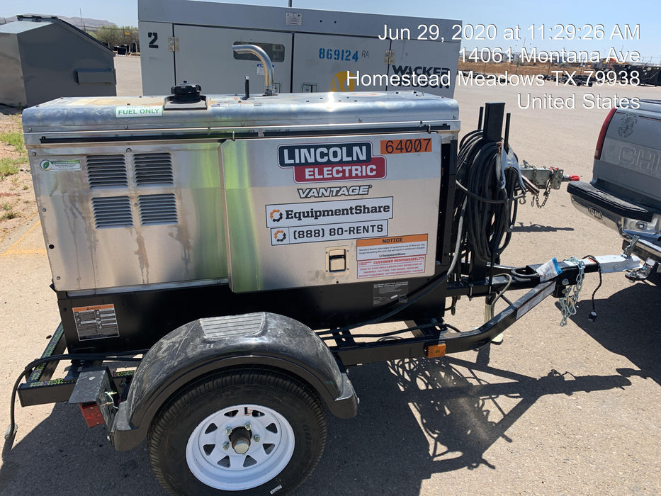 2019 Lincoln Electric Vantage 322 Welder Ready-Pak 3, Two wheel trailer, Fender and Light kit, Cable Rack