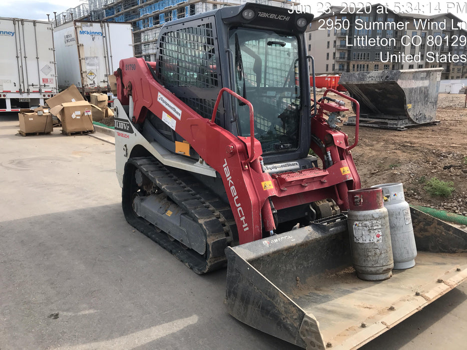 2019 Takeuchi TL10V2-CR Cab/Heat/AC, Rubber Tracks, Backup Alarm, Front & rear working Lights, Auxiliary Hydraulics, 2 Speed Travel, Engine Monitoring System, Hydraulic universal quick hitch w/76" HD dirt bucket with 8 teeth, 20.3 cubic feet capacity, 48" Pallet forks and frame