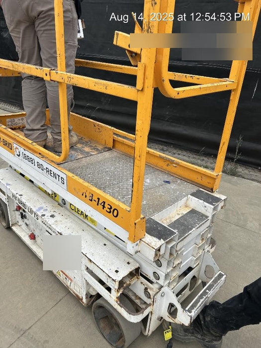 Custom Equipment HB-1430 <ul>
 <li>Hy-Brid Scissor Lift</li>
  <li>Platform capacity up to 670 lbs.</li>
  <li>Working height up to 20 ft</li>
  <li>Weighs under 1,700 lbs.</li>
  <li>Non-marking wheels </li>
</ul>