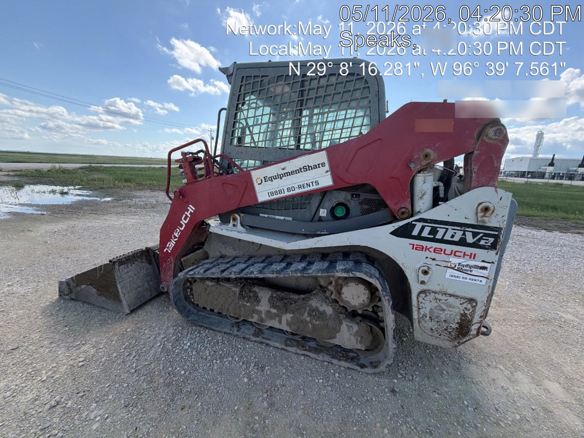 2019 Takeuchi TL10V2-CR Cab/Heat/AC, Rubber Tracks, Backup Alarm, Front & rear working Lights, Auxiliary Hydraulics, 2 Speed Travel, Engine Monitoring System, Hydraulic universal quick hitch w/76" HD smooth dirt bucket with bolt-on edge, 20.3 cubic feet capacity, 48" Pallet forks and frame