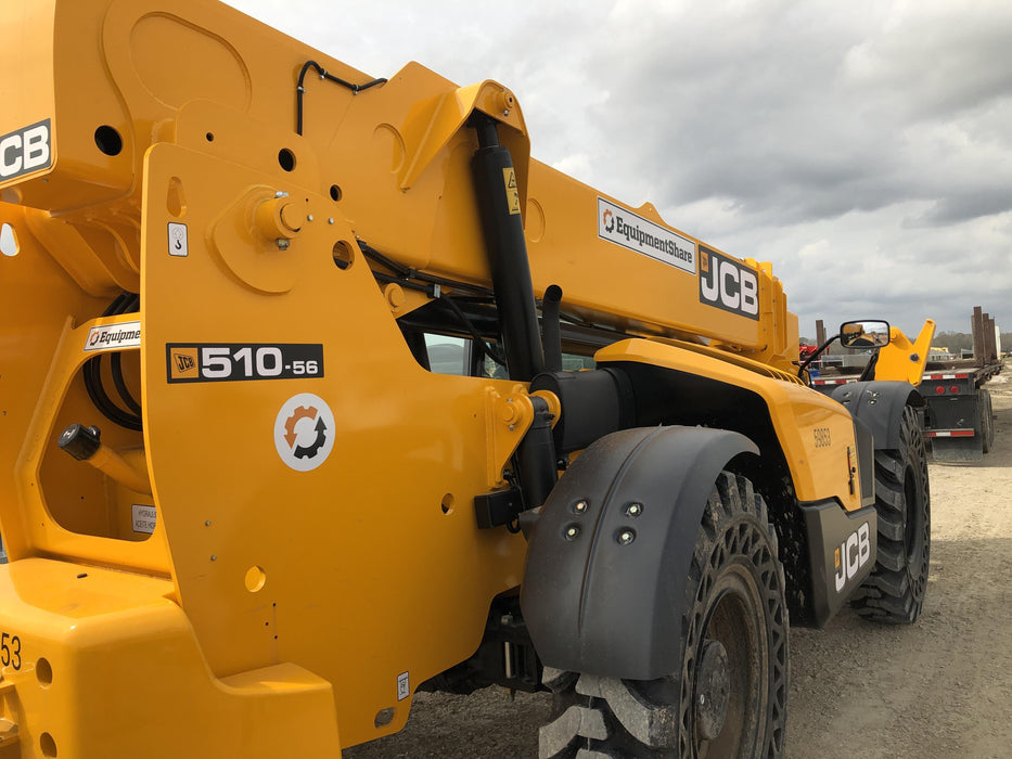 2020 JCB 510-56 Cab/Heat/Air, 74 HP, Solid Tires, STD Worklight, Beacon, Aux Hydraulics, Lifting Eye, Back up Alarm w/66" Carriage/60" Forks