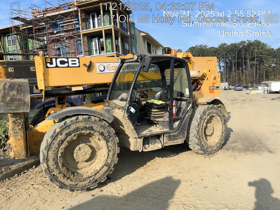 2019 JCB 510-56 Open ROPS, 74 HP, Solid Tires, Worklights, Beacon, Aux Hydraulics, Lifting Eye w/72" Carriage/60" Forks