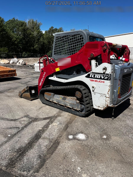2019 Takeuchi TL10V2-CR Cab/Heat/AC, Rubber Tracks, Backup Alarm, Front & rear working Lights, Auxiliary Hydraulics, 2 Speed Travel, Engine Monitoring System, Hydraulic universal quick hitch w/76" HD dirt bucket with 8 teeth, 20.3 cubic feet capacity, 48" Pallet forks and frame
