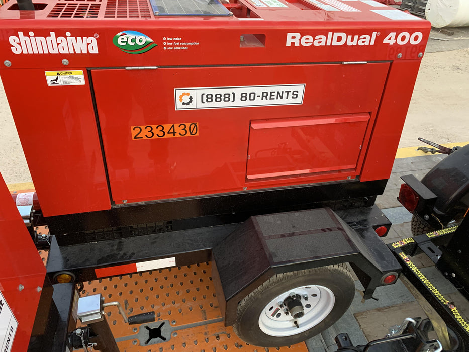 2022 Shindaiwa DGW400MDL Kubota D902 Engine, 23 HP, Dual Op Welder, Wire, Arc, Droop Stick, Tig, and CC Stick Functionality, Simulphase, 3 Phase and 1 Phase Gen Output, Single Axle NB Trlr, Slr Trckl Chrg 12V 12W, Fire Ext