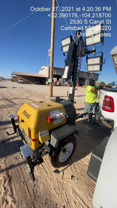 2021 Allmand NLV3GR (4) LED Light Fixture 350W, 23' Vertical Mast, 3kW Prime, Towable, Deep Sea L401, Leveling Jacks, Yanmar T4F 5.8hp