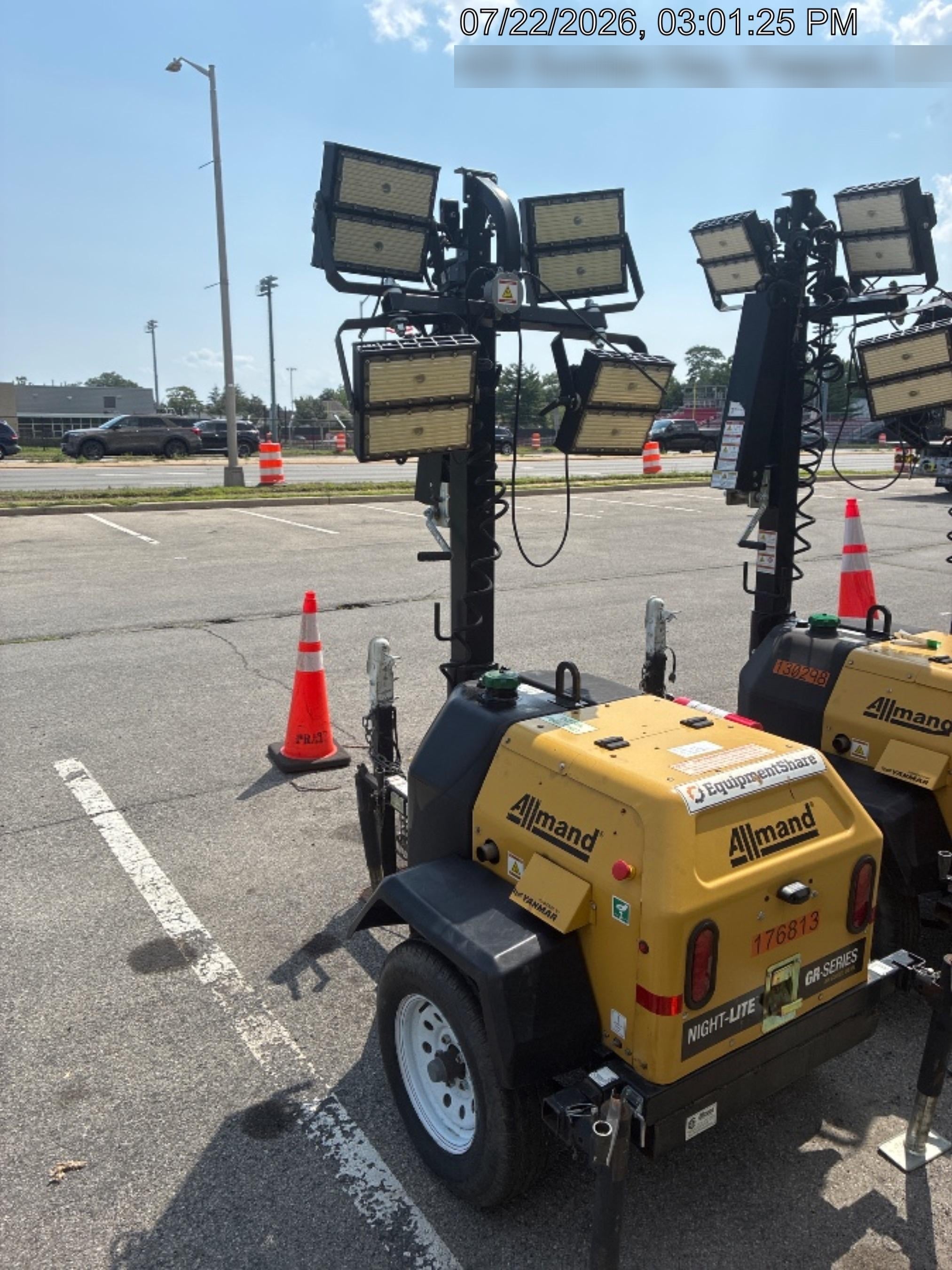 Allmand NLV3GR (4) LED Light Fixture 350W, 23' Vertical Mast, 3kW Prime, Towable, Deep Sea L401, Leveling Jacks, Yanmar T4F 5.8hp
