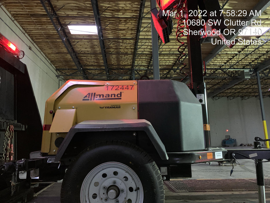 2021 Allmand NLV3GR (4) LED Light Fixture 350W, 23' Vertical Mast, 3kW Prime, Towable, Deep Sea L401, Leveling Jacks, Yanmar T4F 5.8hp