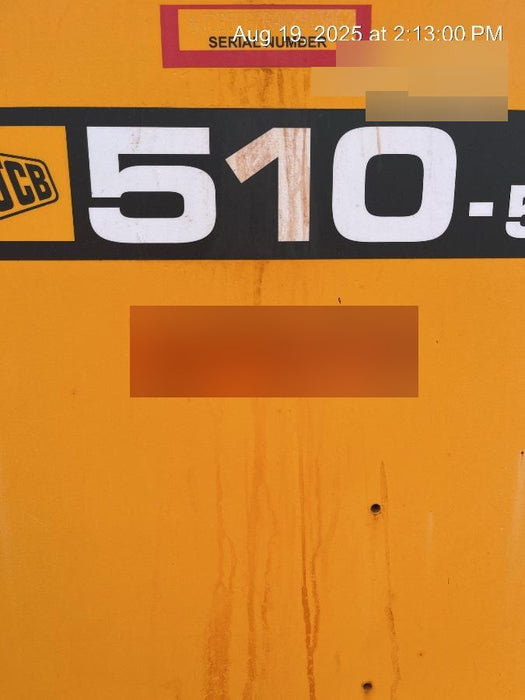 2019 JCB 510-56 74 HP w/CAB/HVAC, Beacon, Worklights, Aux Hydraulics, Solid Tires 72" Carriage/60" Forks