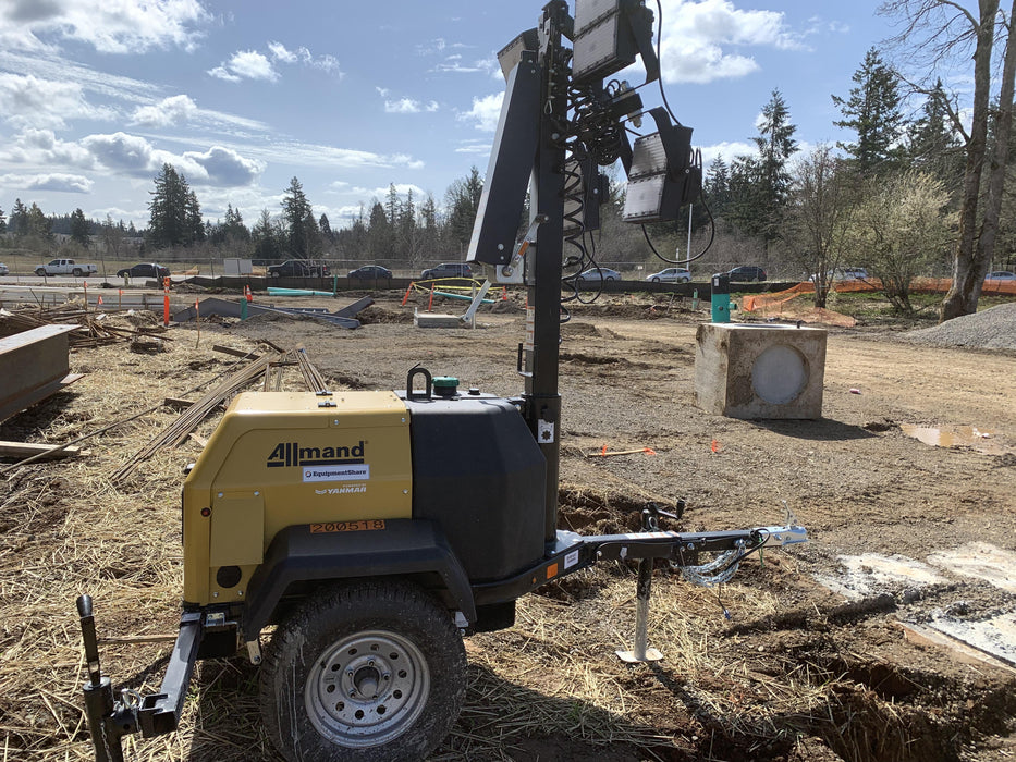 2022 Allmand NLV3GR (4) LED Light Fixture 350W, 23' Vertical Mast, 3kW Prime, Towable, Deep Sea L401, Leveling Jacks, Yanmar T4F 5.8hp