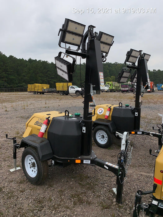 2021 Allmand NLV3GR (4) LED Light Fixture 350W, 23' Vertical Mast, 3kW Prime, Towable, Deep Sea L401, Leveling Jacks, Yanmar T4F 5.8hp