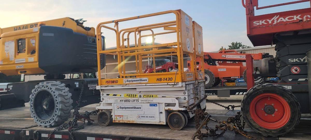 Custom Equipment HB-1430 Hy-Brid Scissor Lift
Platform capacity up to 670 lbs
Working height up to 20 ft
Weighs under 1,700 lbs
Non-marking wheels