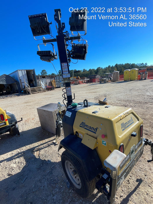 2022 Allmand NLV3GR (4) LED Light Fixture 350W, 23' Vertical Mast, 3kW Prime, Towable, Deep Sea L401, Leveling Jacks, Yanmar T4F 5.8hp