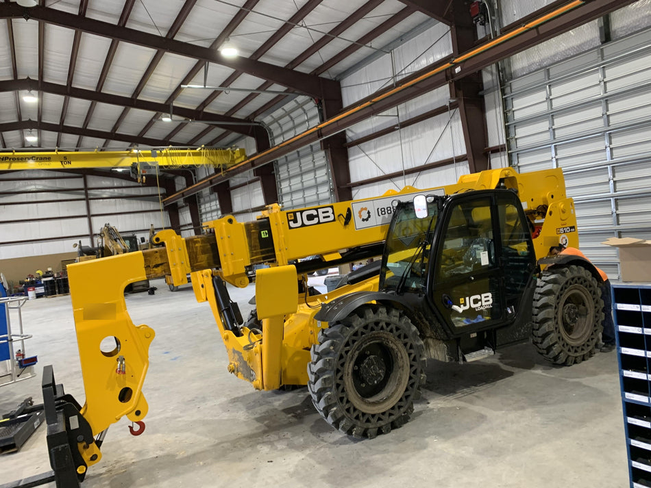 2020 JCB 510-56 Cab/Heat/Air, 74 HP, Solid Tires, STD Worklight, Beacon, Aux Hydraulics, Lifting Eye, Back up Alarm w/66" Carriage/60" Forks