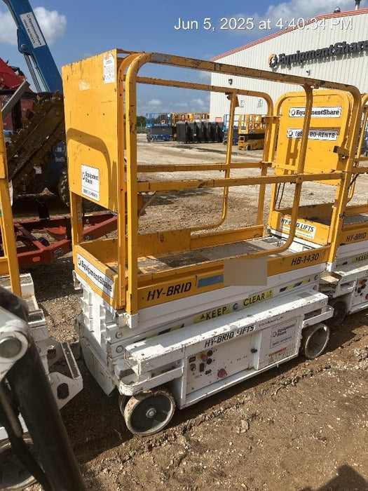 Custom Equipment HB-1430 <ul>
 <li>Hy-Brid Scissor Lift</li>
  <li>Platform capacity up to 670 lbs.</li>
  <li>Working height up to 20 ft</li>
  <li>Weighs under 1,700 lbs.</li>
  <li>Non-marking wheels </li>
</ul>