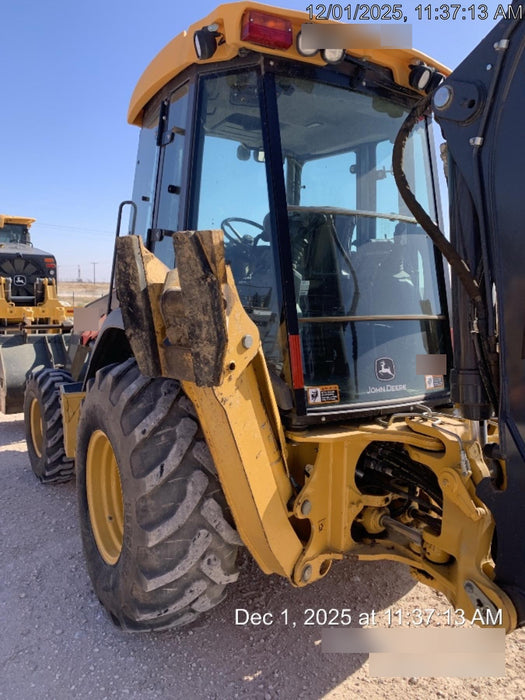 2019 John Deere 410L 4WD, CAB/HVAC, Standard Dipperstick, ISO Controls, Rear Aux Hydraulics, Manual QC w/1.5 Yd Bucket w/Forks, 24" Bucket