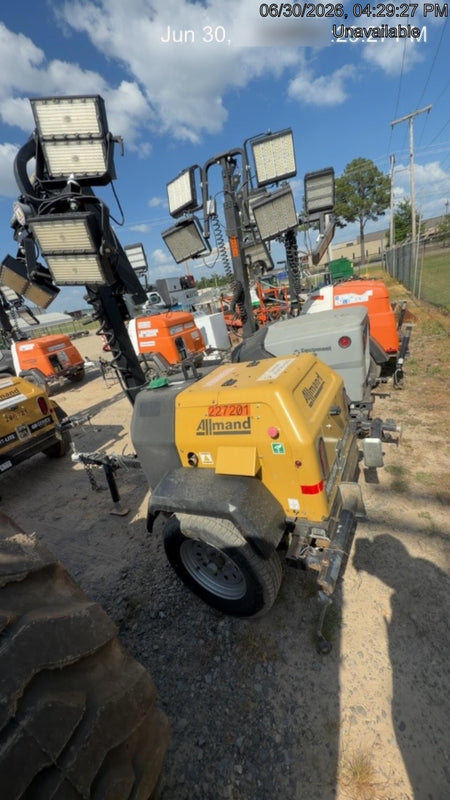2022 Allmand NLV3GR (4) LED Light Fixture 350W, 23' Vertical Mast, 3kW Prime, Towable, Deep Sea L401, Leveling Jacks, Yanmar T4F 5.8hp