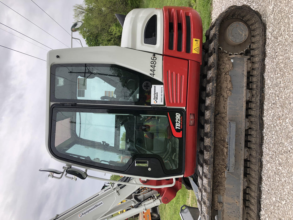 2019 Takeuchi TB290 Cab/Heat/AC Rubber tracks, Dozer blade, Travel alarm, Auxiliary hydraulics w/Manual QC, Hydraulic thumb, 18", 24", and 36" Buckets