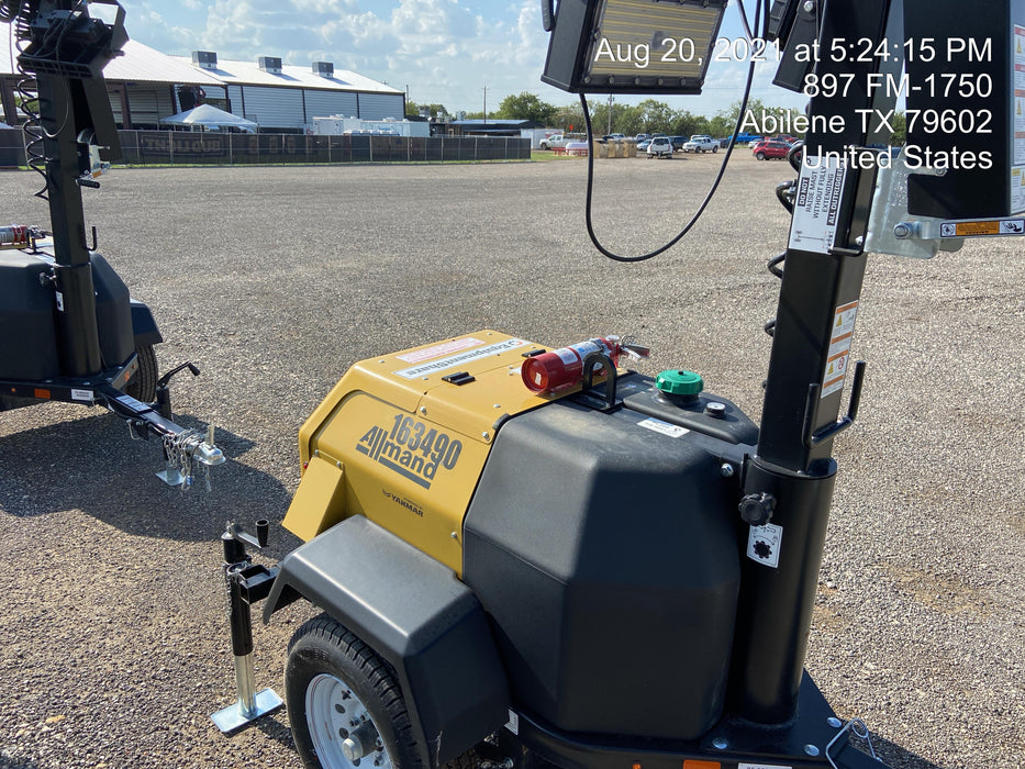 2021 Allmand NLV3GR (4) LED Light Fixture 350W, 23' Vertical Mast, 3kW Prime, Towable, Deep Sea L401, Leveling Jacks, Yanmar T4F 5.8hp