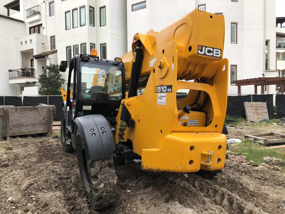 2019 JCB 510-56 Open ROPS, 74 HP, Solid Tires, Worklights, Beacon, Aux Hydraulics, Lifting Eye w/60" Carriage/60" Forks