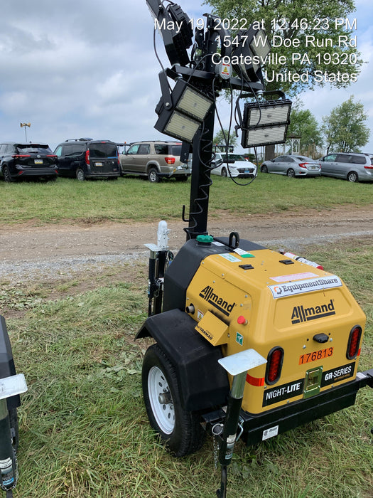 Allmand NLV3GR (4) LED Light Fixture 350W, 23' Vertical Mast, 3kW Prime, Towable, Deep Sea L401, Leveling Jacks, Yanmar T4F 5.8hp