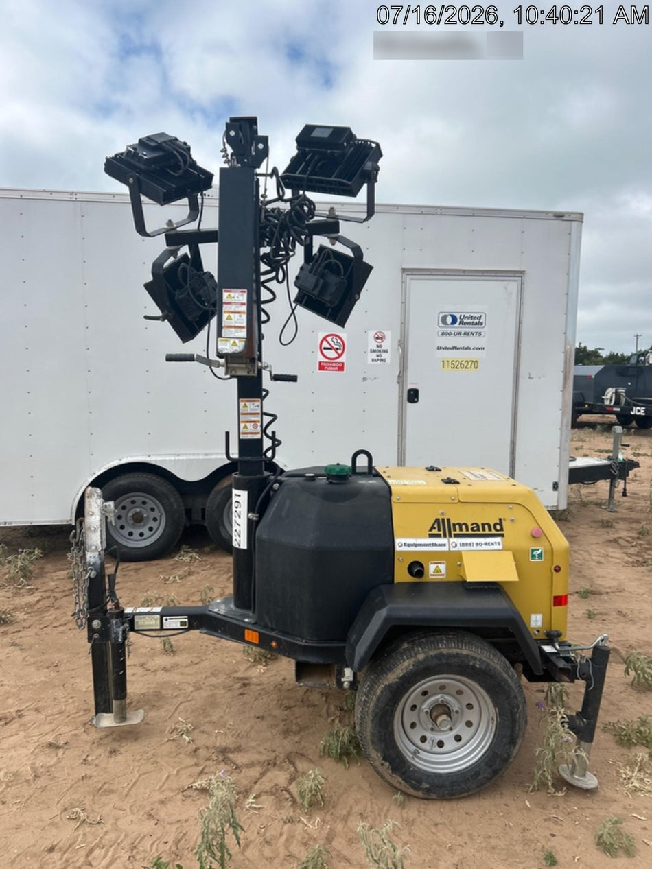 2022 Allmand NLV3GR (4) LED Light Fixture 350W, 23' Vertical Mast, 3kW Prime, Towable, Deep Sea L401, Leveling Jacks, Yanmar T4F 5.8hp