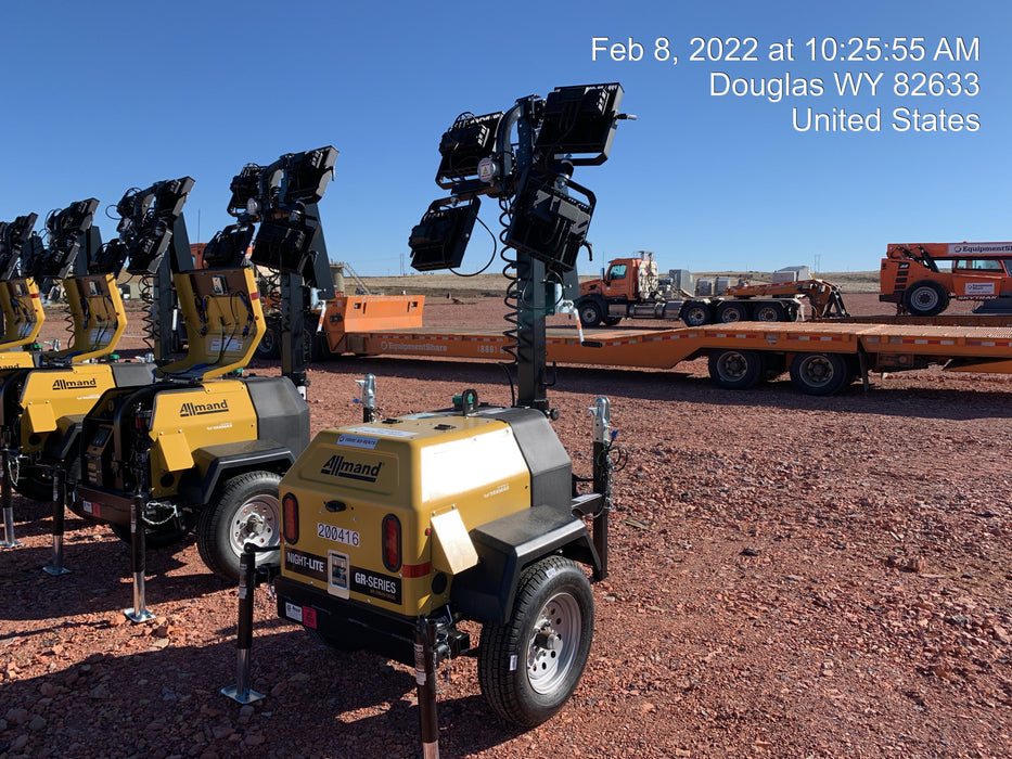 2022 Allmand NLV3GR (4) LED Light Fixture 350W, 23' Vertical Mast, 3kW Prime, Towable, Deep Sea L401, Leveling Jacks, Yanmar T4F 5.8hp