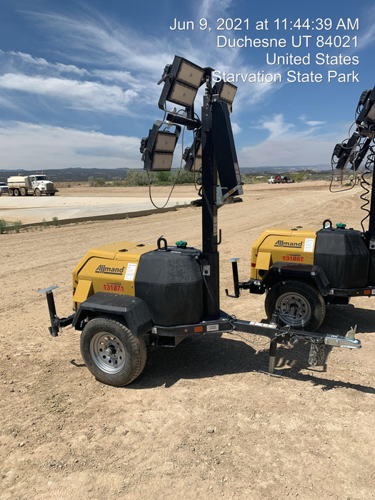 2021 Allmand NLV3GR (4) LED Light Fixture 350W, 23' Vertical Mast, 3kW Prime, Towable, Deep Sea L401, Leveling Jacks, Yanmar T4F 5.8hp