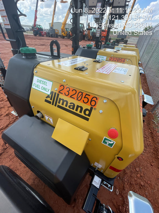 2022 Allmand NLV3GR (4) LED Light Fixture 350W, 23' Vertical Mast, 3kW Prime, Towable, Deep Sea L401, Leveling Jacks, Yanmar T4F 5.8hp