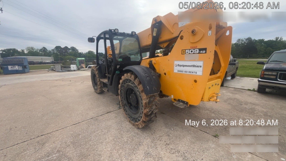 2019 JCB 509-42 74 HP w/Open ROPS, Beacon, Aux Hydraulics, LED Work lights, Solid Tires 66" Carriage/60" Forks