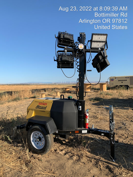 2021 Allmand NLV3GR (4) LED Light Fixture 350W, 23' Vertical Mast, 3kW Prime, Towable, Deep Sea L401, Leveling Jacks, Yanmar T4F 5.8hp