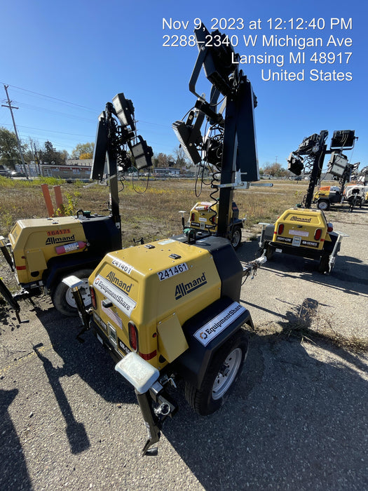 2022 Allmand NLV3GR (4) LED Light Fixture 350W, 23' Vertical Mast, 3kW Prime, Towable, Deep Sea L401, Leveling Jacks, Yanmar T4F 5.8hp