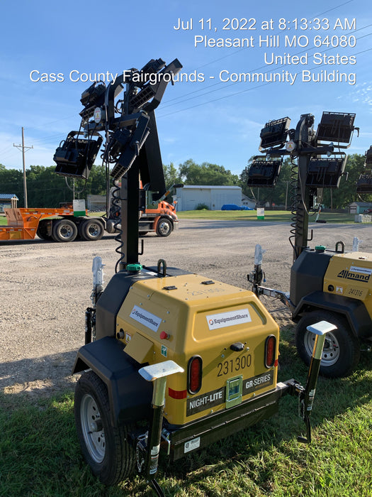 2022 Allmand NLV3GR (4) LED Light Fixture 350W, 23' Vertical Mast, 3kW Prime, Towable, Deep Sea L401, Leveling Jacks, Yanmar T4F 5.8hp