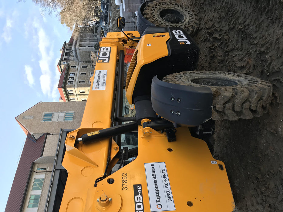 2019 JCB 509-42 74 HP w/Open ROPS, Beacon, Aux Hydraulics, LED Work lights, Solid Tires 66" Carriage/60" Forks