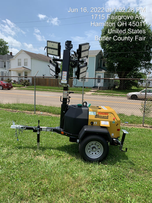 2022 Allmand NLV3GR (4) LED Light Fixture 350W, 23' Vertical Mast, 3kW Prime, Towable, Deep Sea L401, Leveling Jacks, Yanmar T4F 5.8hp