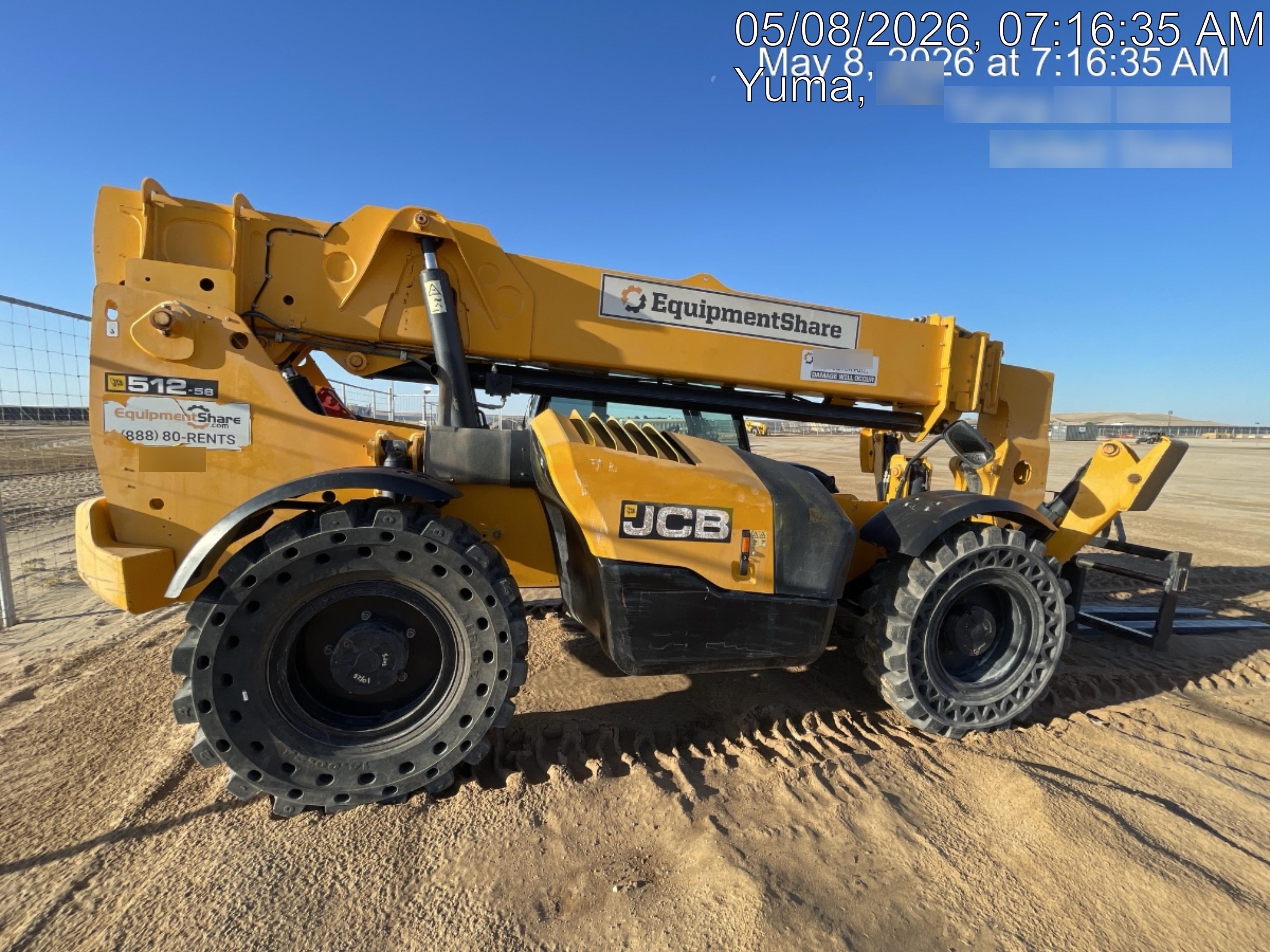2019 JCB 512-56 74 HP w/CAB/HVAC, Beacon, Aux Hydraulics, Worklights, Solid Tires w/60" Carriage/Forks