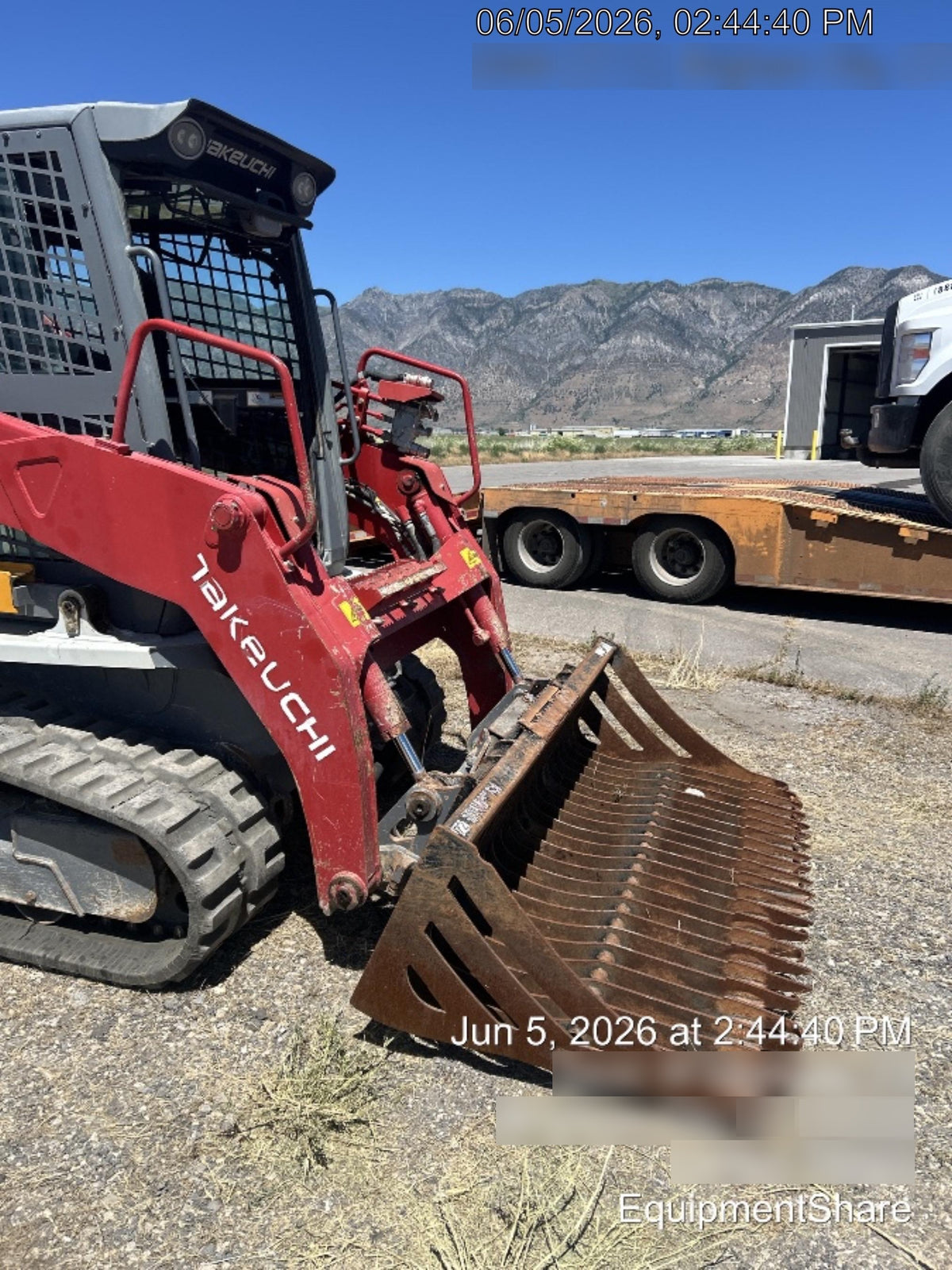 2019 Takeuchi TL10V2-CR Cab/Heat/AC, Rubber Tracks, Backup Alarm, Front & rear working Lights, Auxiliary Hydraulics, 2 Speed Travel, Engine Monitoring System, Hydraulic universal quick hitch w/76" HD dirt bucket with 8 teeth, 20.3 cubic feet capacity, 48" Pallet forks and frame