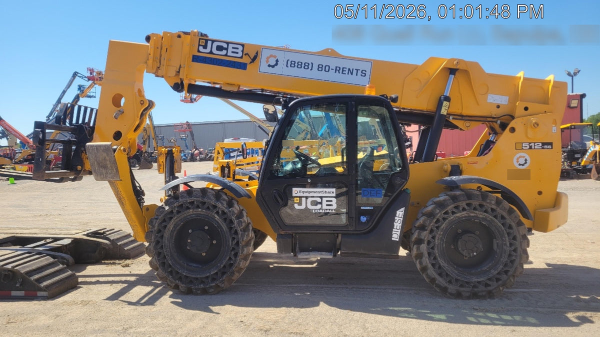 2019 JCB 512-56 Cab/Heat/Air, 109 HP, Solid Tires, STD Worklight, Beacon, Aux Hydraulics, Lifting Eye, Back up Alarm w/66" Carriage/60" Forks