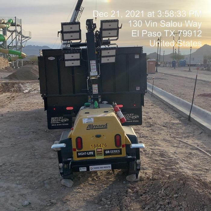 Allmand NLV3GR (4) LED Light Fixture 350W, 23' Vertical Mast, 3kW Prime, Towable, Deep Sea L401, Leveling Jacks, Yanmar T4F 5.8hp