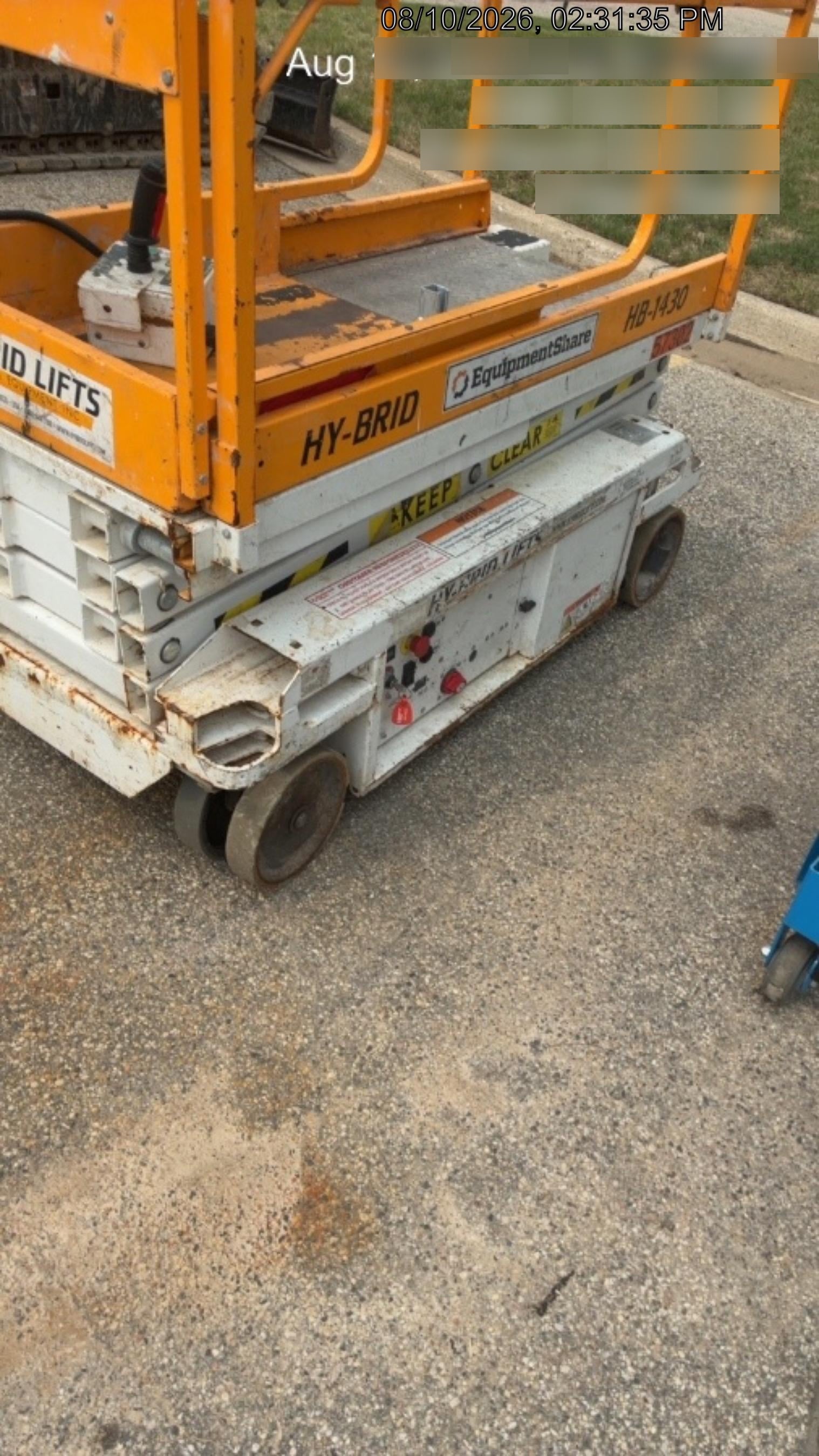 Custom Equipment HB-1430 <ul>
 <li>Hy-Brid Scissor Lift</li>
  <li>Platform capacity up to 670 lbs.</li>
  <li>Working height up to 20 ft</li>
  <li>Weighs under 1,700 lbs.</li>
  <li>Non-marking wheels </li>
</ul>