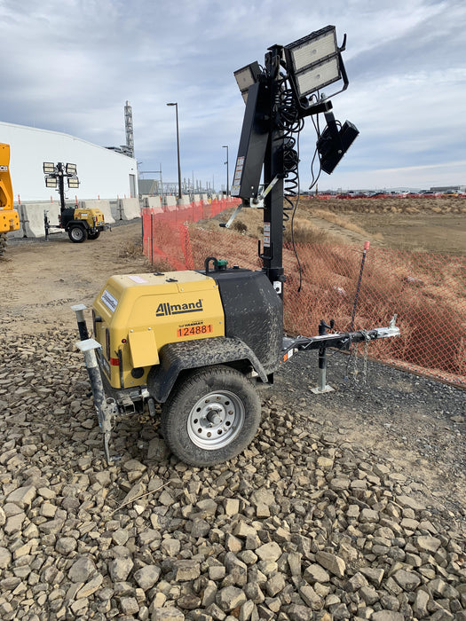 Allmand NLV3GR (4) LED Light Fixture 350W, 23' Vertical Mast, 3kW Prime, Towable, Deep Sea L401, Leveling Jacks, Yanmar T4F 5.8hp