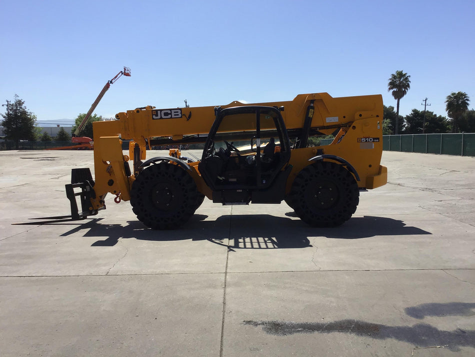 2019 JCB 510-56 74 HP w/Open ROPS, Beacon, Aux Hydraulics, Worklights, Solid Tires w/60" Carriage/Forks
