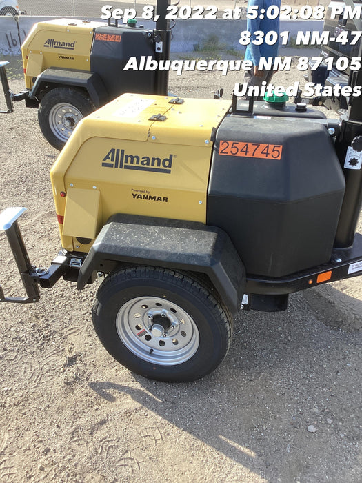 2022 Allmand NLV3GR (4) LED Light Fixture 350W, 23' Vertical Mast, 3kW Prime, Towable, ES Decals, T3