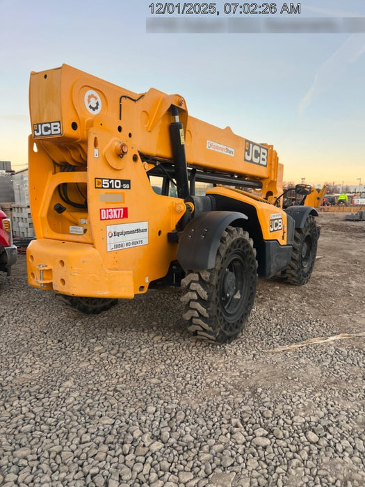 2019 JCB 510-56 74 HP w/Open ROPS, Beacon, Aux Hydraulics, Worklights, Solid Tires w/60" Carriage/Forks