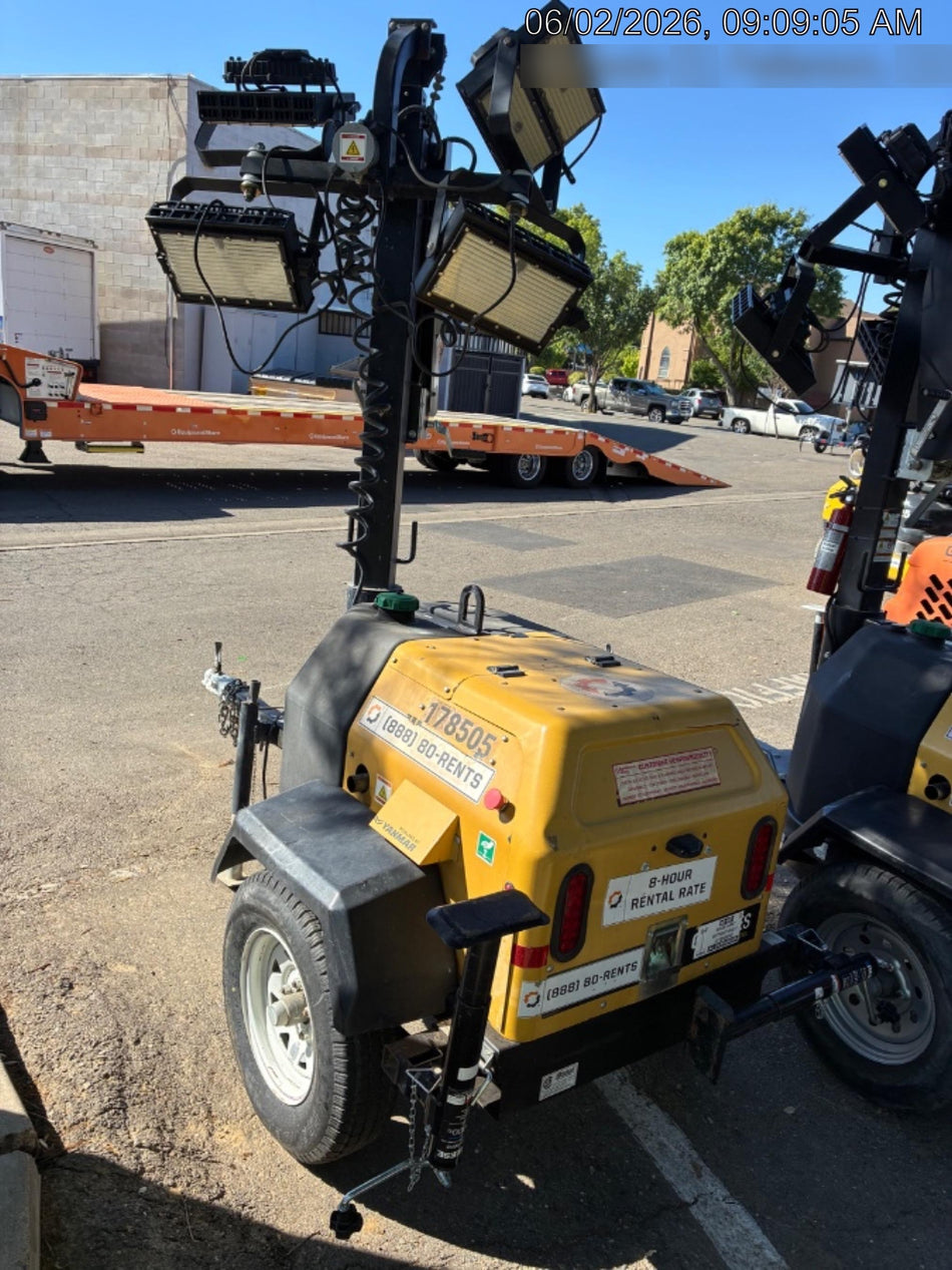 Allmand NLV3GR (4) LED Light Fixture 350W, 23' Vertical Mast, 3kW Prime, Towable, Deep Sea L401, Leveling Jacks, Yanmar T4F 5.8hp