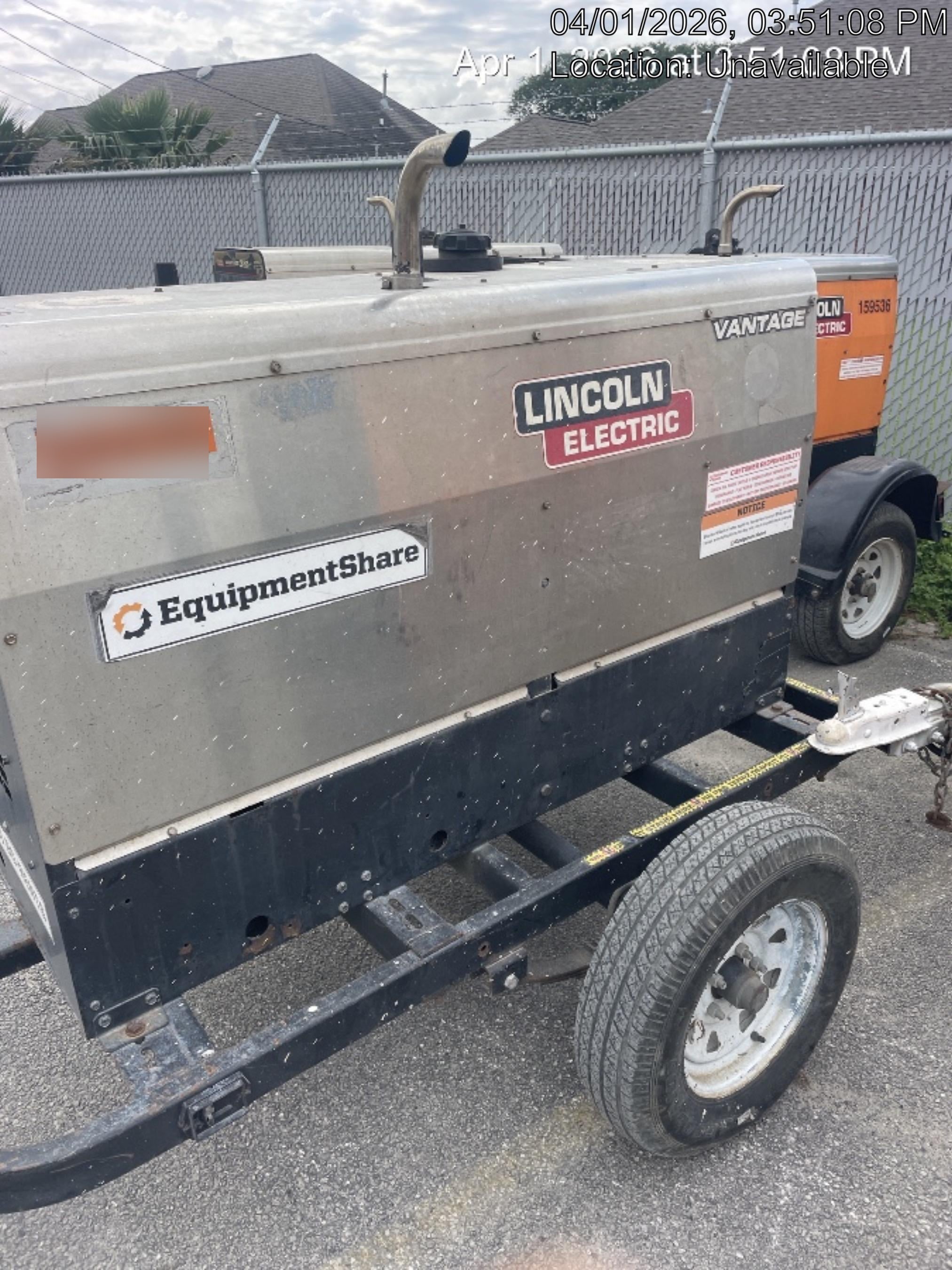 2019 Lincoln Electric Vantage 322 Welder Ready-Pak 3, Two wheel trailer, Fender and Light kit, Cable Rack