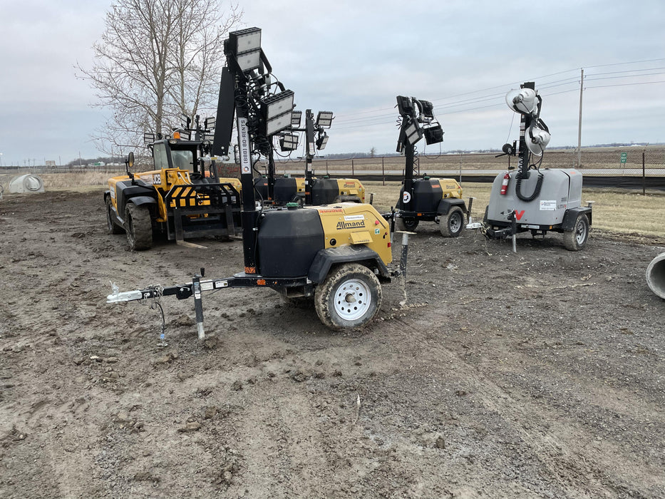 2022 Allmand NLV3GR (4) LED Light Fixture 350W, 23' Vertical Mast, 3kW Prime, Towable, Deep Sea L401, Leveling Jacks, Yanmar T4F 5.8hp