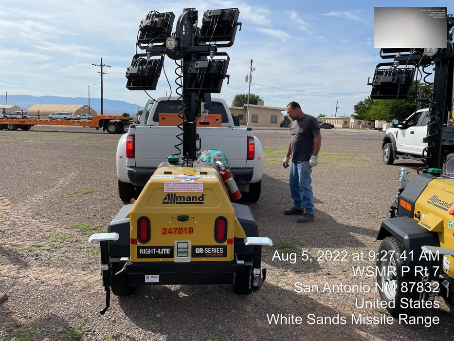 2022 Allmand NLV3GR (4) LED Light Fixture 350W, 23' Vertical Mast, 3kW Prime, Towable, ES Decals, T3