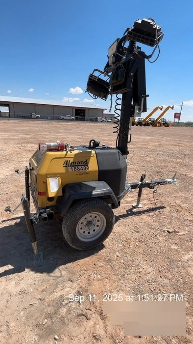 Allmand NLV3GR (4) LED Light Fixture 350W, 23' Vertical Mast, 3kW Prime, Towable, Deep Sea L401, Leveling Jacks, Yanmar T4F 5.8hp