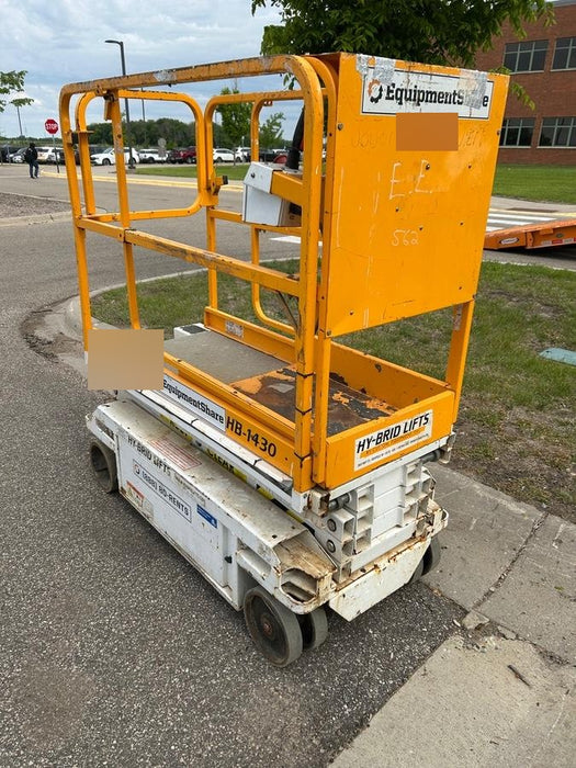 Custom Equipment HB-1430 <ul>
 <li>Hy-Brid Scissor Lift</li>
  <li>Platform capacity up to 670 lbs.</li>
  <li>Working height up to 20 ft</li>
  <li>Weighs under 1,700 lbs.</li>
  <li>Non-marking wheels </li>
</ul>
